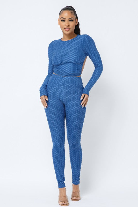 Honeycomb Open Back Leggings Set – Textured 2 Piece Outfit - Rose In Concrete 🥀
