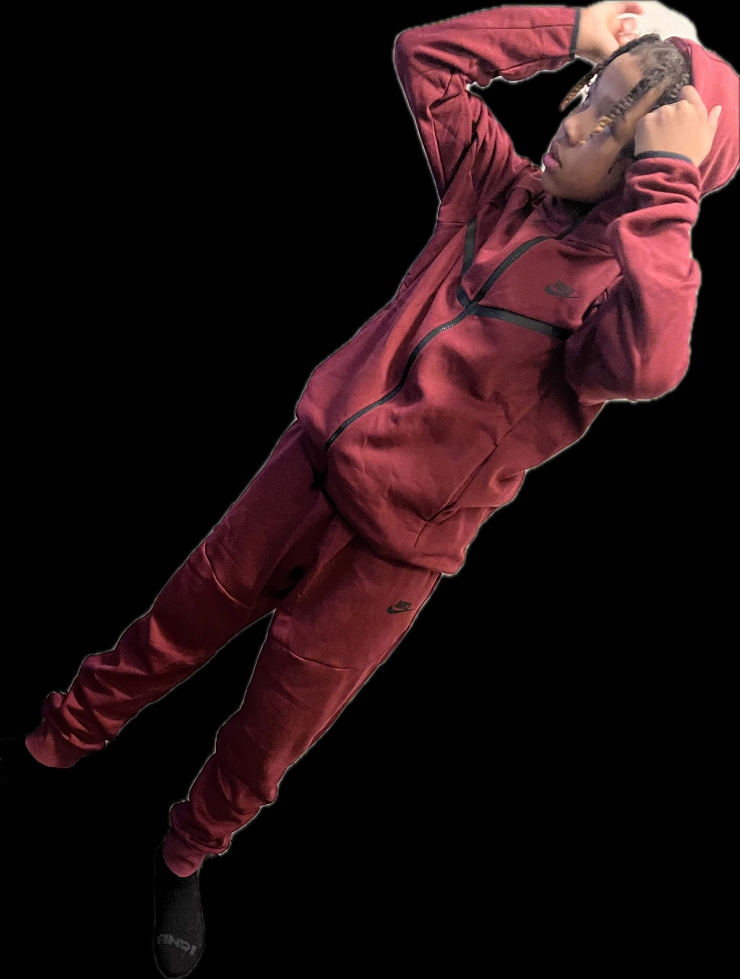 Men’s Tech Lightweight Fleece Sweatsuit, Hoodie Jogger Set, Street Luxe Tracksuit in burgundy with zip hoodie and tapered joggers