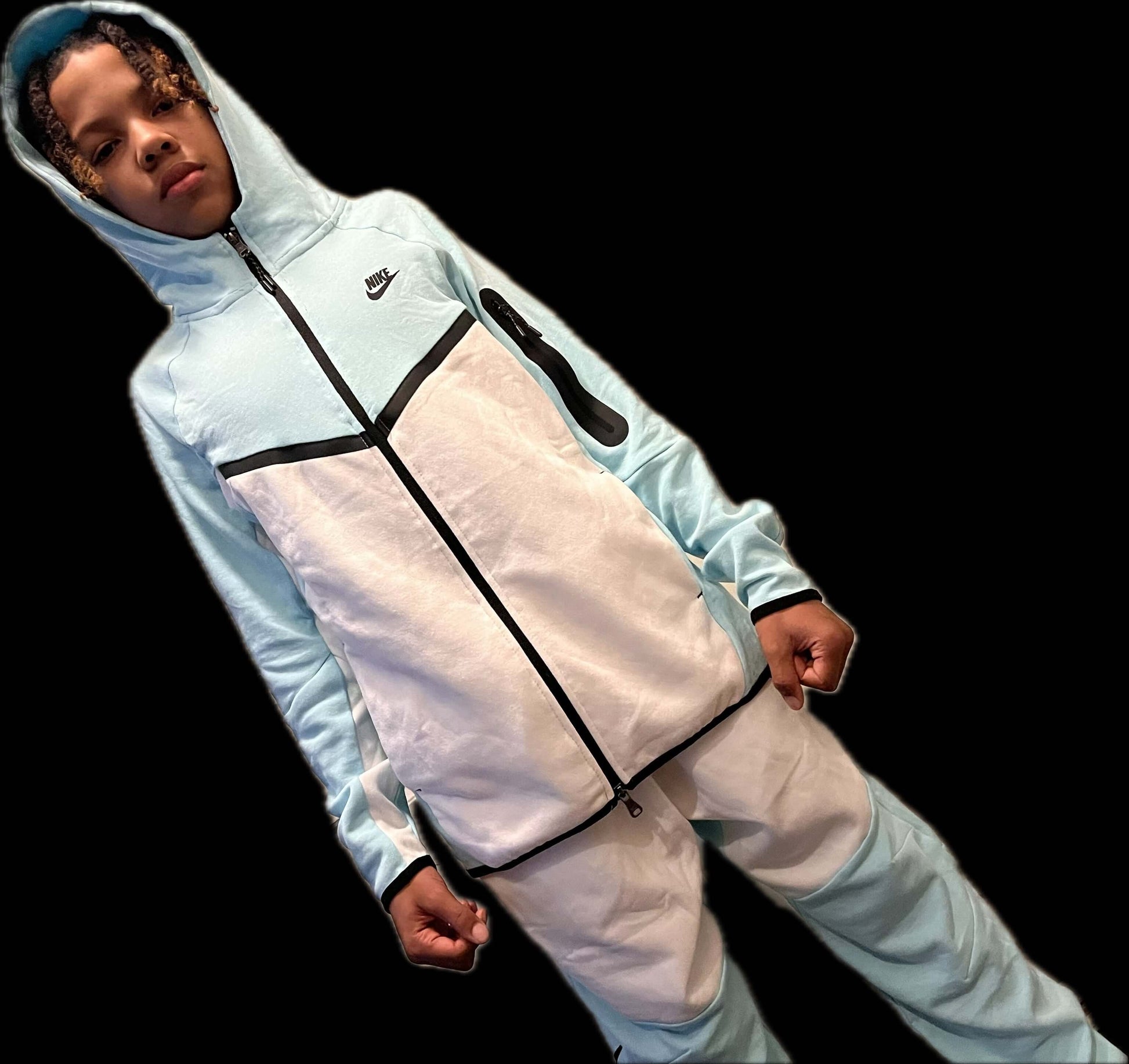 Men’s Tech Lightweight Fleece Sweatsuit, Hoodie Jogger Set, Street Luxe Tracksuit in light blue zip hoodie and tapered joggers