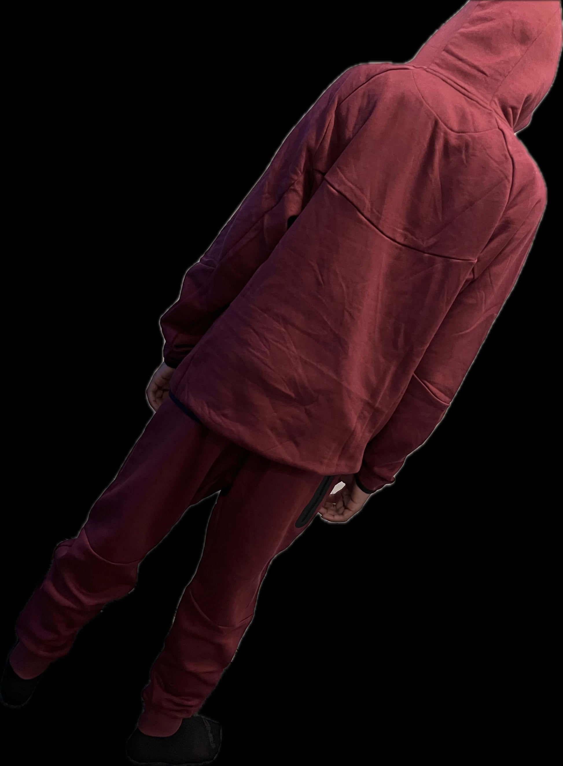 Men’s Tech Lightweight Fleece Sweatsuit, Hoodie Jogger Set, Street Luxe Tracksuit in burgundy with zip hoodie and tapered joggers, back view