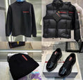Mens black streetwear set featuring a sweatshirt, puffer vest, beanie, and sneakers.