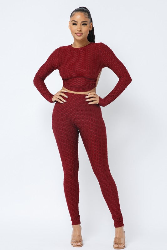 Honeycomb Open Back Leggings Set – Textured 2 Piece Outfit - Rose In Concrete 🥀