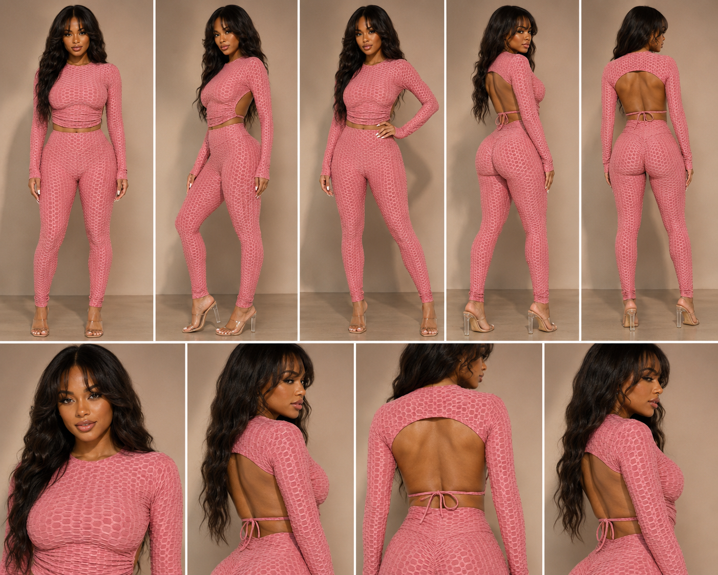 Honeycomb Open Back Leggings Set – Textured 2 Piece Outfit showcasing soft stretch and contours in a stunning pink color.