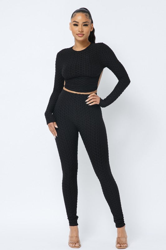 Honeycomb Open Back Leggings Set – Textured 2 Piece Outfit - Rose In Concrete 🥀