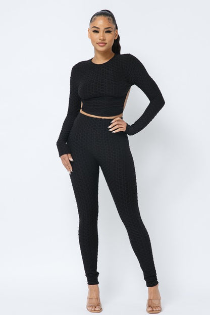 Honeycomb Open Back Leggings Set – Textured 2 Piece Outfit - Rose In Concrete 🥀
