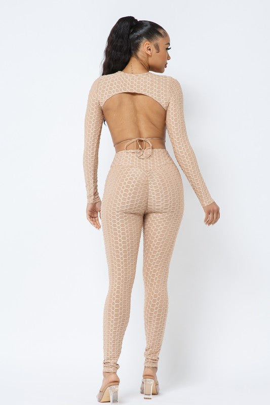 Honeycomb Open Back Leggings Set – Textured 2 Piece Outfit - Rose In Concrete 🥀
