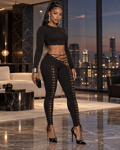 Laced Intentions Asymmetrical Crop Top & Lace-Up Leggings Set