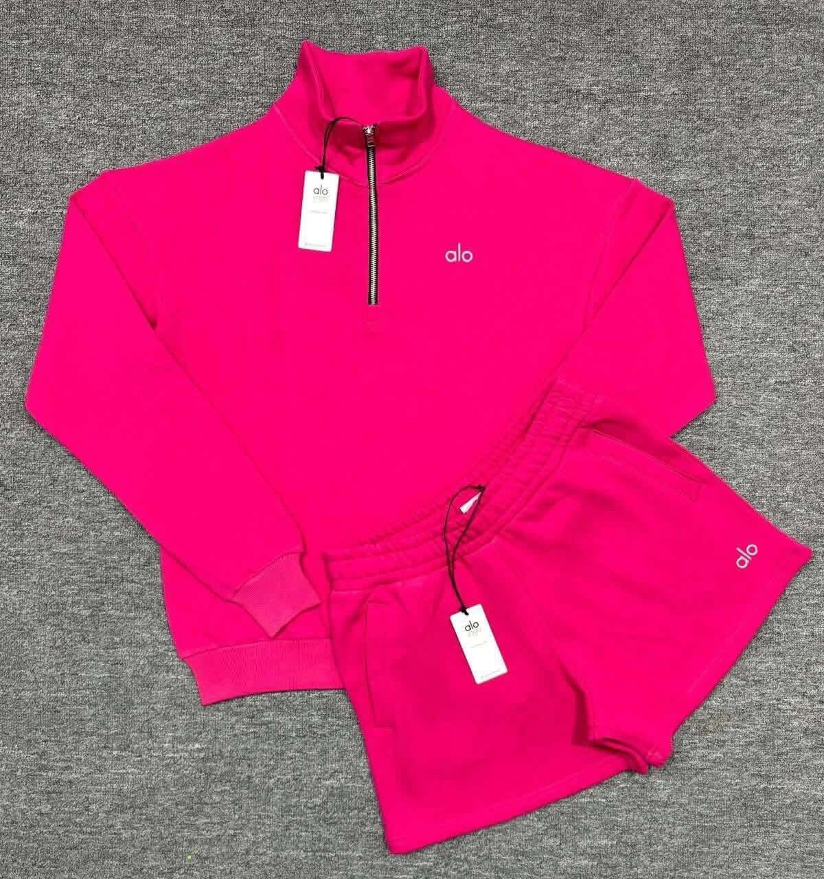 Alt Tag: Quarter Zip Pullover & Shorts Premium Lounge Set Soft Fleece Athleisure Outfit hot pink fleece set