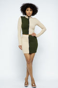 Rib color block mini skirt set featuring mock neck long sleeve top with front zipper and high-waist mini skirt in beige and olive.