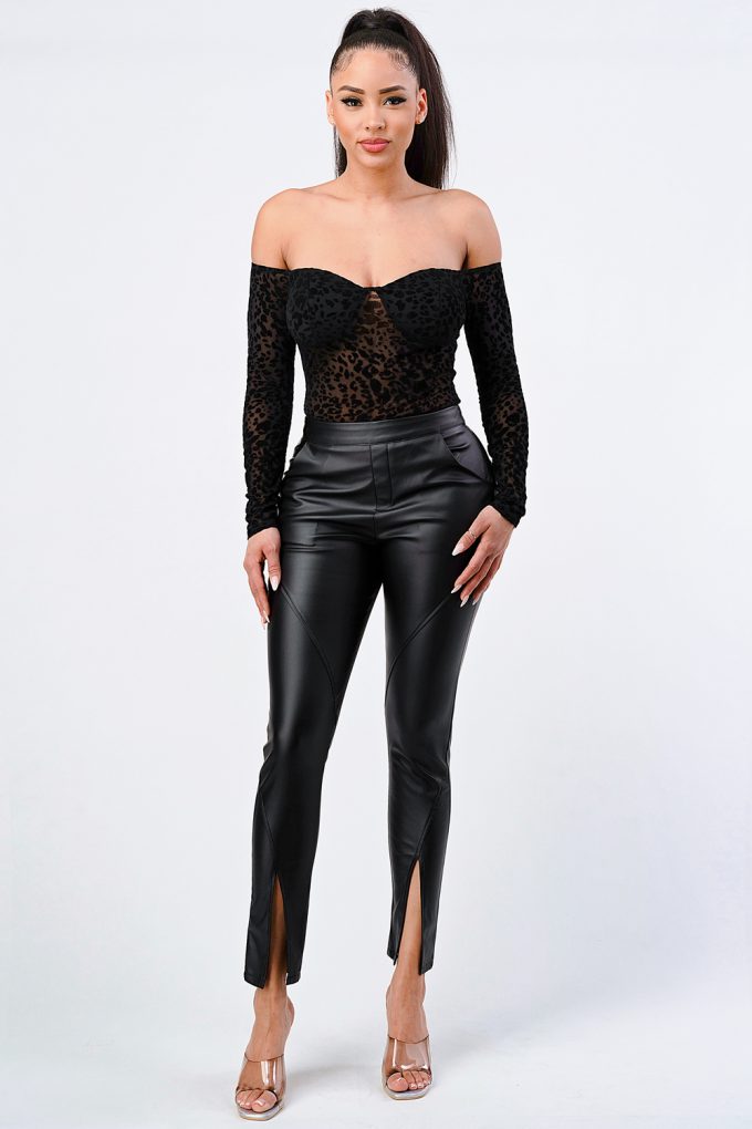 Leopard Print Off Shoulder Bodysuit paired with stylish black pants for a chic look.