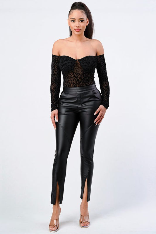 Leopard Print Off Shoulder Bodysuit paired with stylish black pants for a chic look.