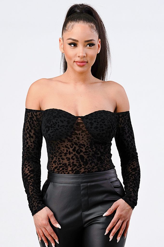 Leopard Print Off Shoulder Bodysuit showcasing a stylish design and fitted silhouette, perfect for a fierce look.