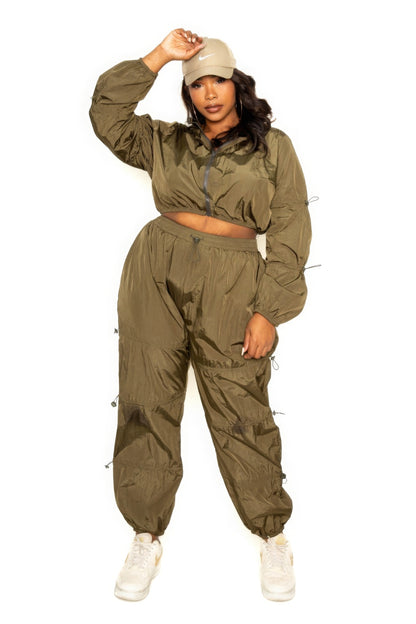 Active Zip Up Set With Cord Lock Detail in olive green, featuring a sporty look for comfortable workouts.