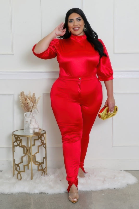 Plus size red satin bodysuit set styled for a confident look.