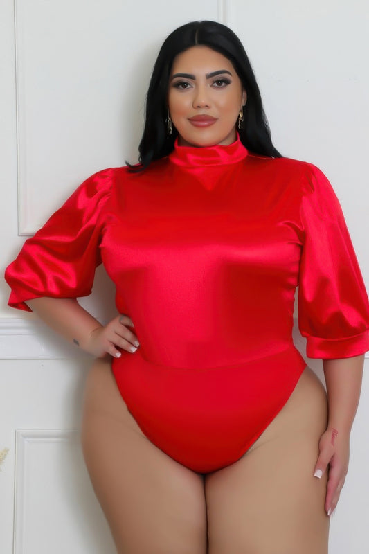 plus size red satin bodysuit set featuring a sleek round neckline and short puff sleeves