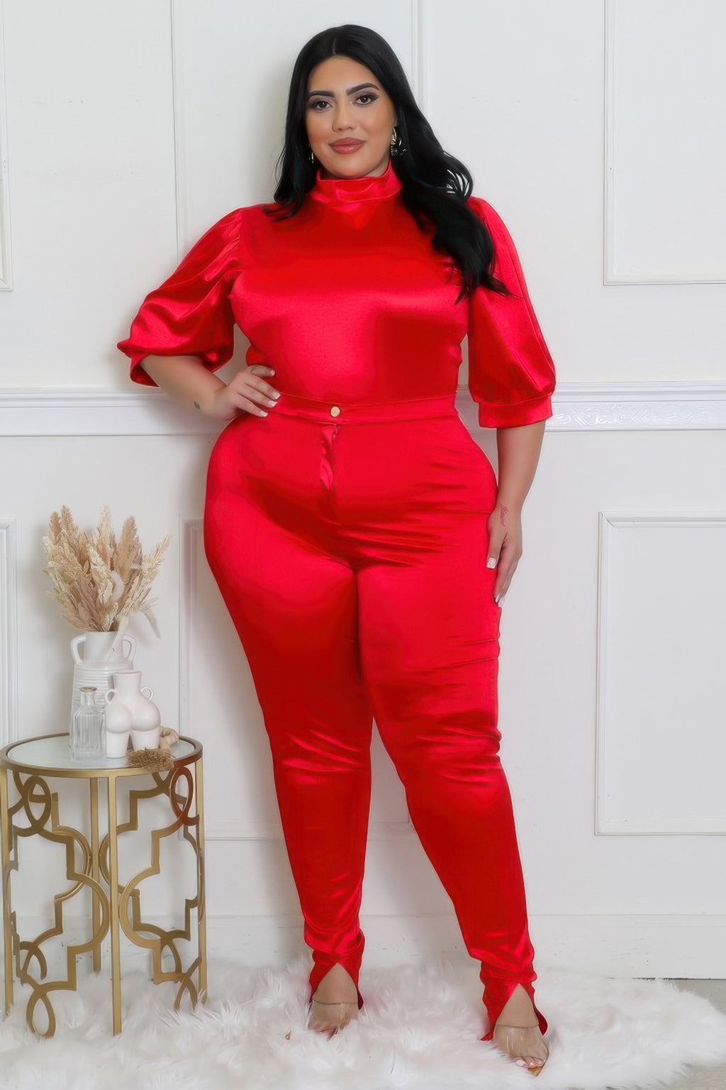 Bodysuit Pants Set in vibrant red, featuring a satin finish, high-waisted design, and stylish puff sleeves for an elegant look.
