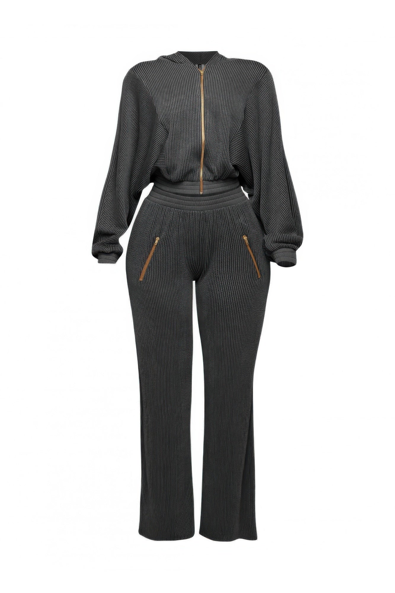 Zipper closure hoodie and pants set in soft ribbed fabric, featuring a stylish design with a full zipper and wide-leg pants.