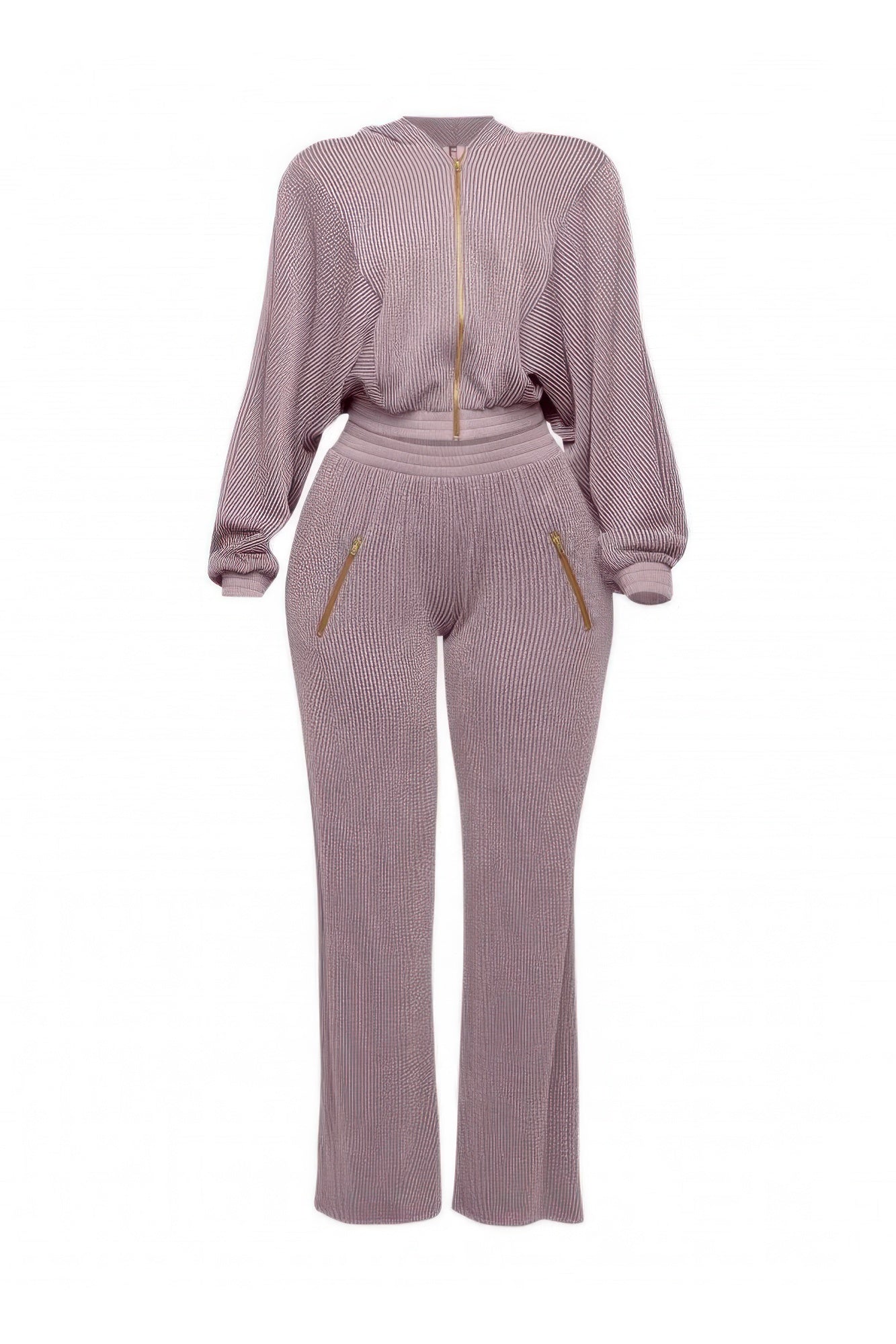 Stylish zipper closure hoodie and pants set in soft ribbed fabric with a full front zipper and wide-leg pants.