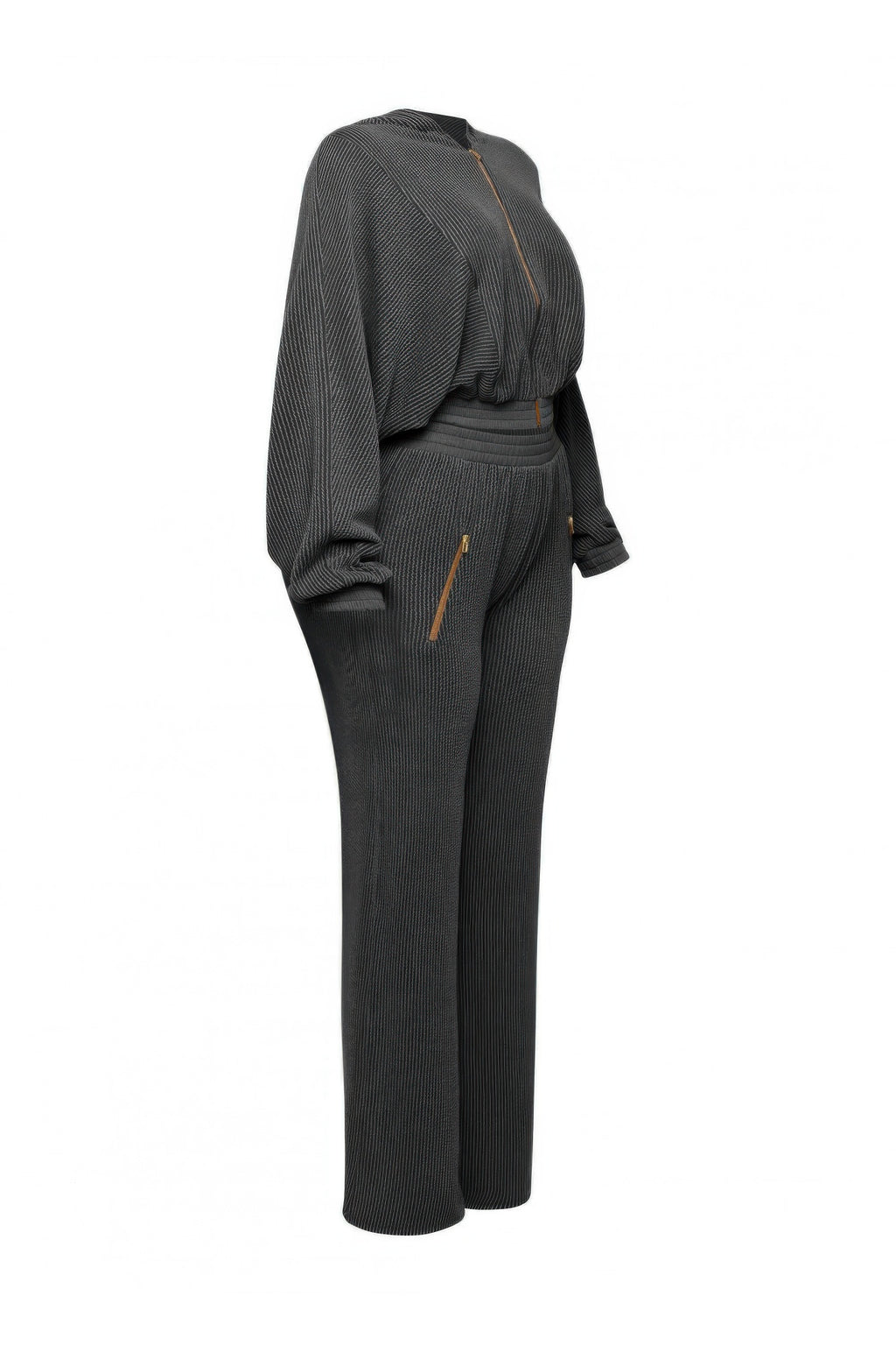 Zipper closure hoodie and pants set featuring a stylish design in dark gray with a full zipper and wide-leg pants.