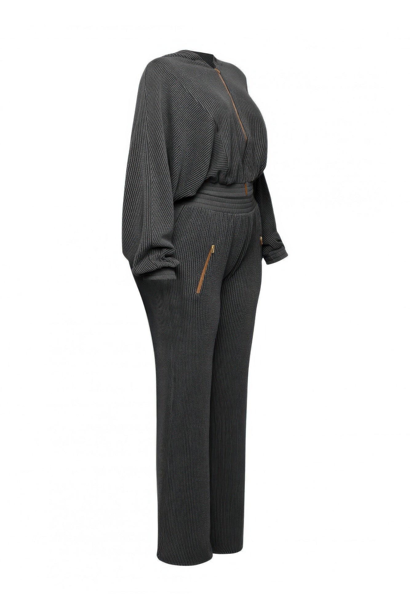 Zipper closure hoodie and pants set featuring a stylish design in dark gray with a full zipper and wide-leg pants.