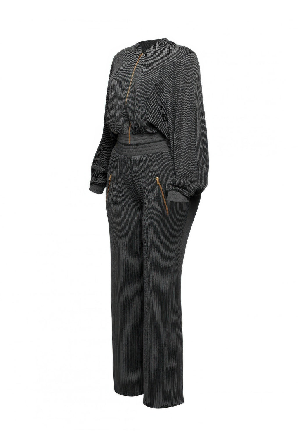 Zipper closure hoodie and pants set in stylish gray, featuring a zip-up jacket and wide-leg pants for comfort and fashion.