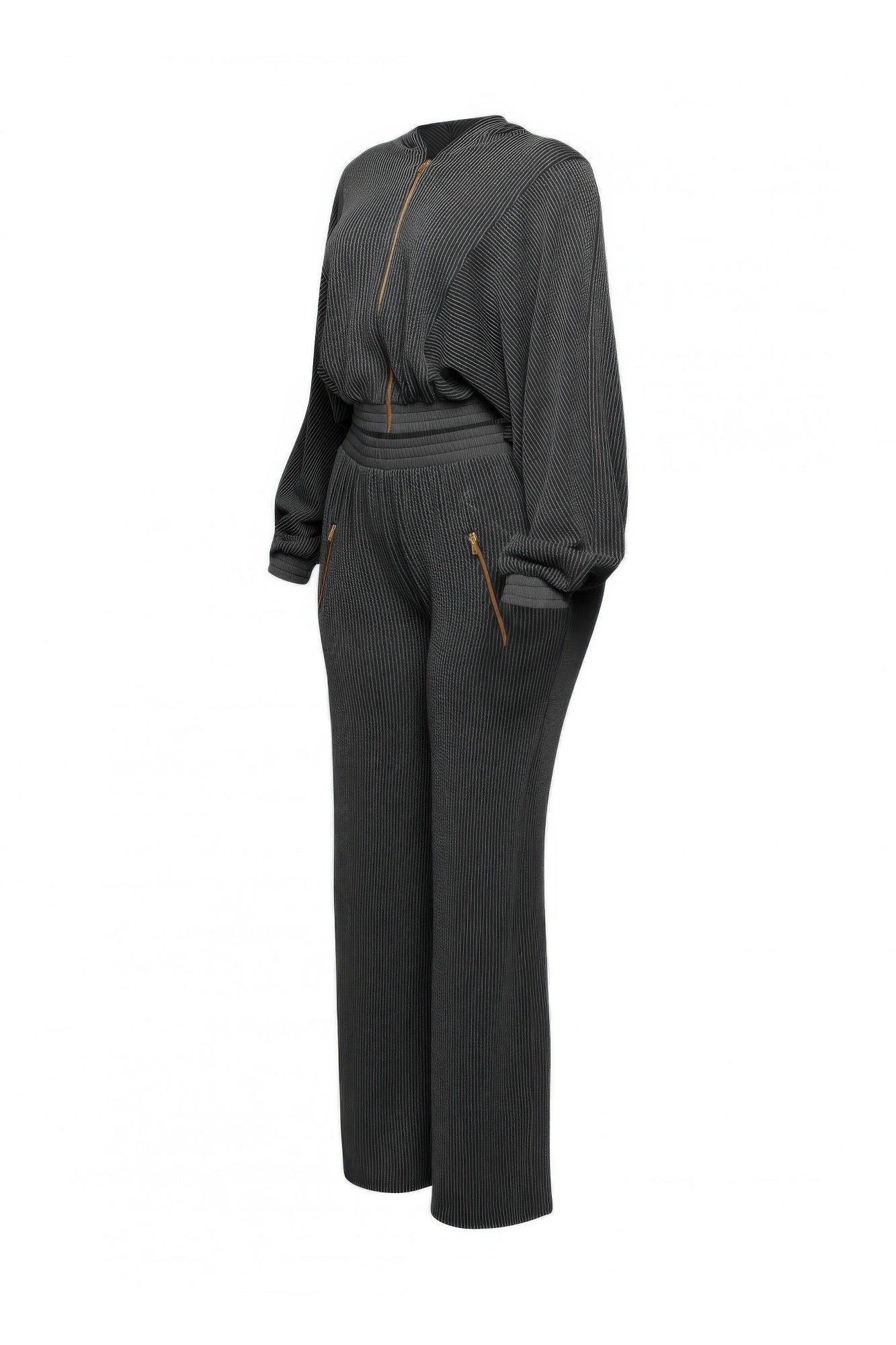Zipper closure hoodie and pants set in stylish gray, featuring a zip-up jacket and wide-leg pants for comfort and fashion.