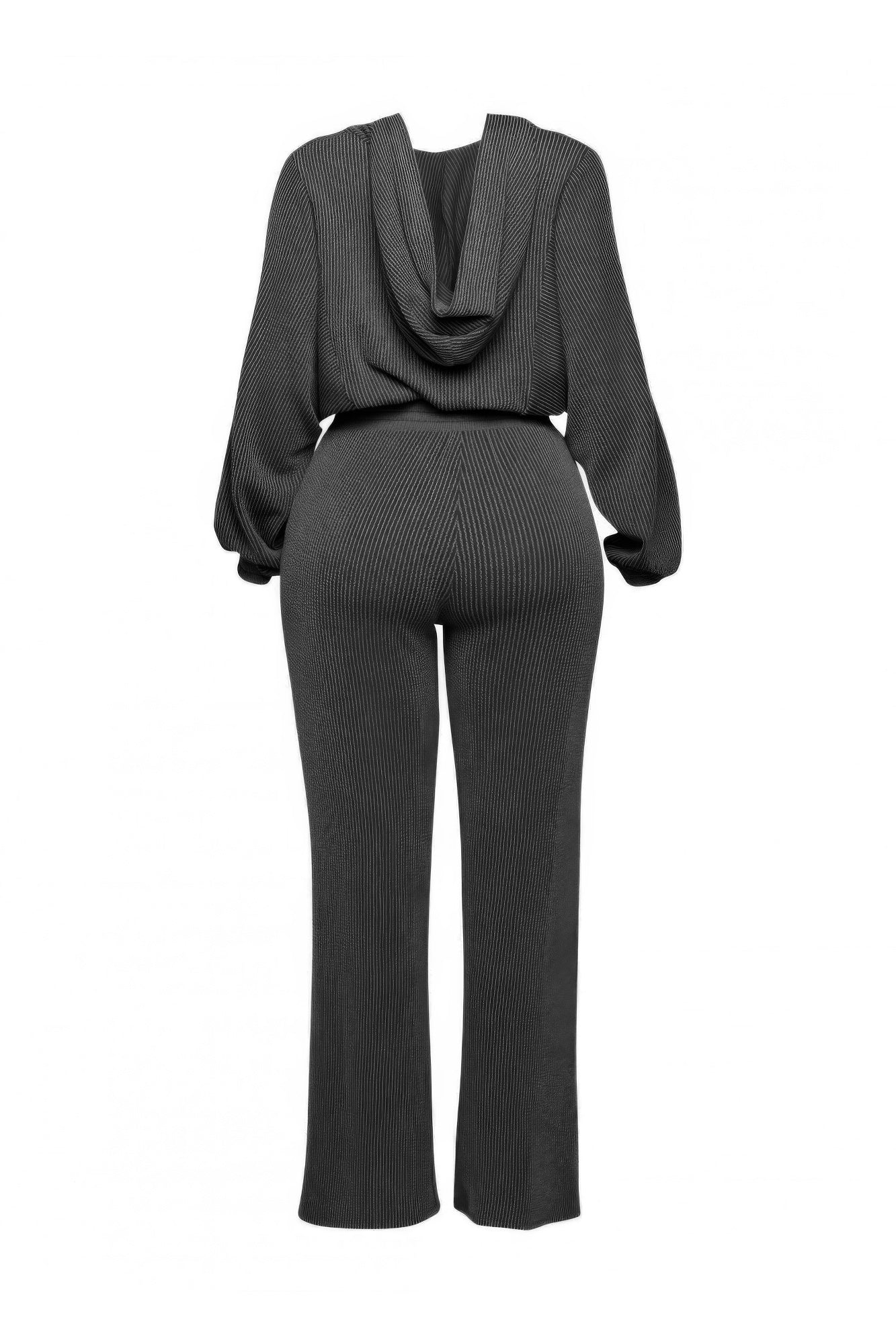 Zipper closure hoodie and pants set in dark gray with a soft ribbed fabric, perfect for casual comfort and style.