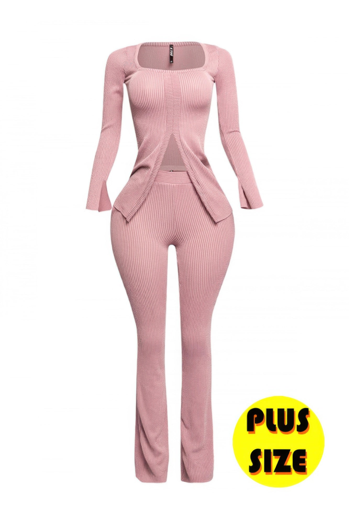 Ribbed Pant Set With Slit Detail in soft pink, plus size, featuring long sleeves and a mermaid-style skirt.