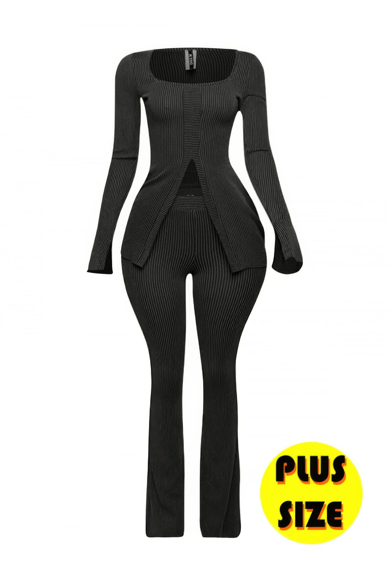 Ribbed pant set with slit detail in black, featuring a long sleeve top and fitted pants, designed for plus-size fashion.