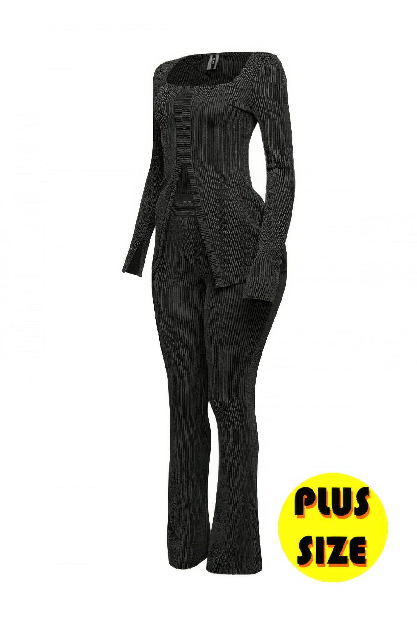 Ribbed Pant Set With Slit Detail in black, featuring long sleeves and flared pants for a stylish plus-size look.