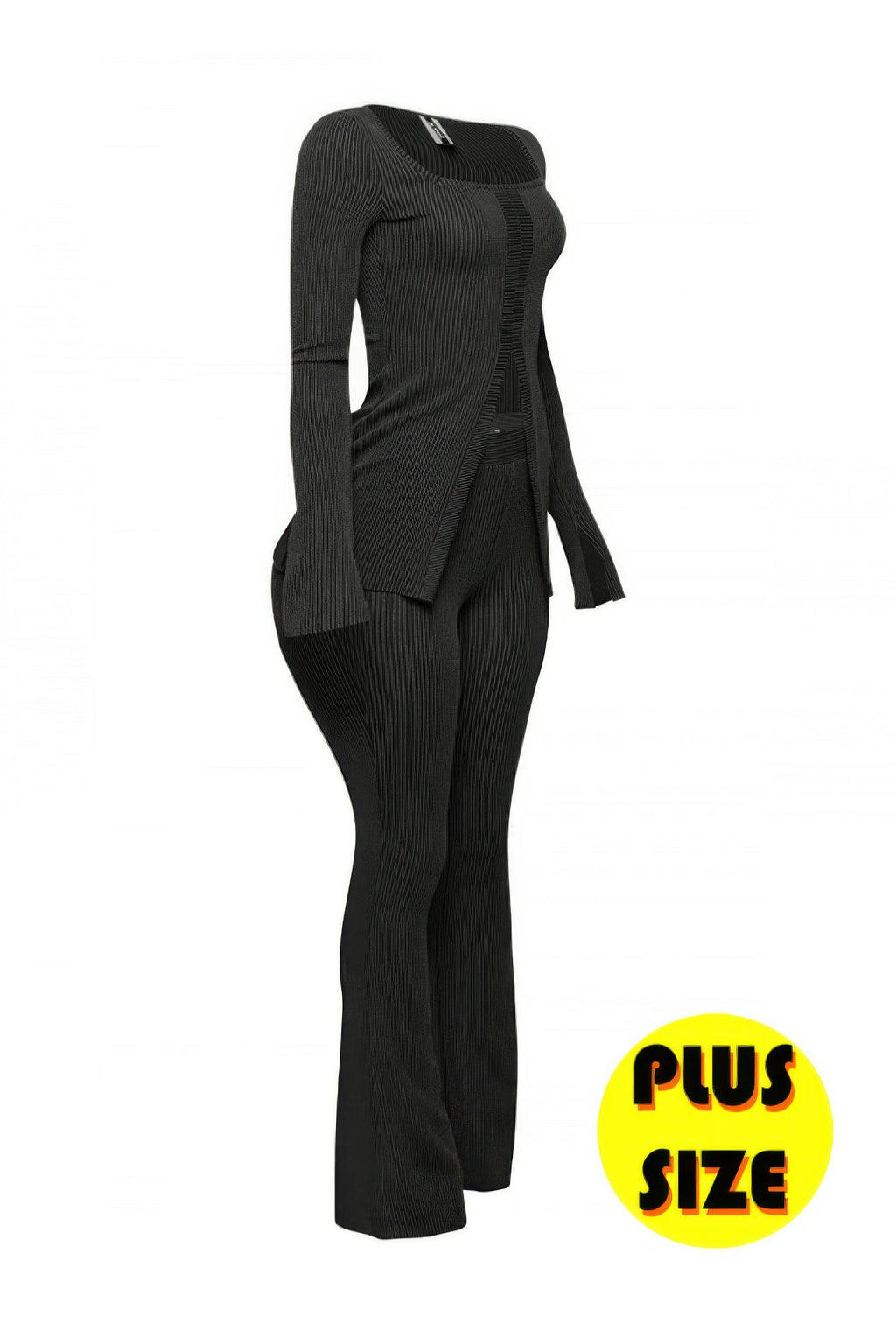 Ribbed pant set with slit detail in plus size featuring a long sleeve top and mermaid-style maxi skirt.