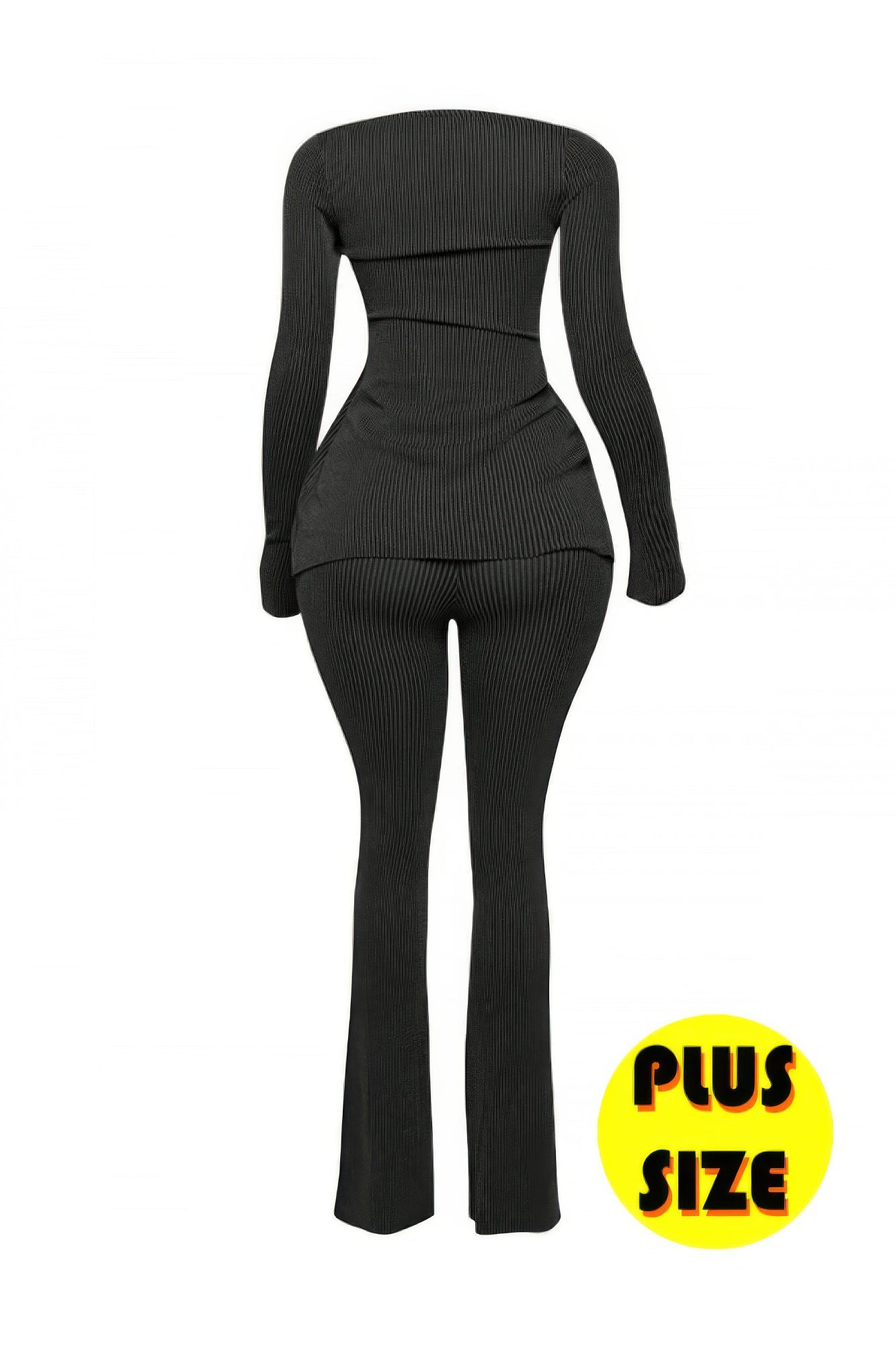 Ribbed Pant Set With Slit Detail in black, featuring a stylish off-shoulder top and fitted flared pants for plus-size fashion.