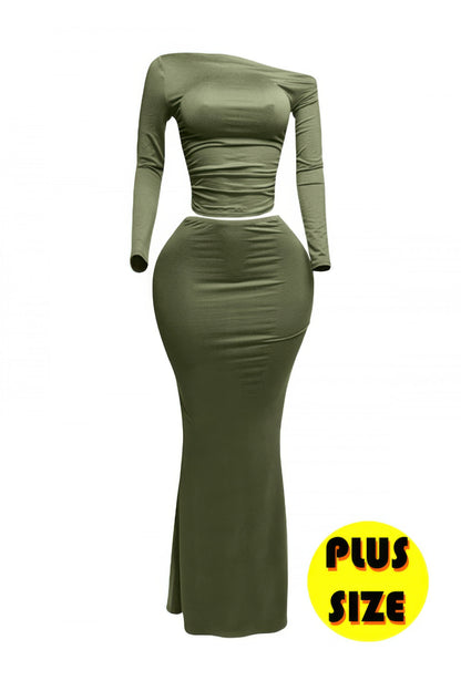 Plus size off shoulder top and skirt set in olive green, featuring a chic asymmetrical long sleeve for curvy figures.