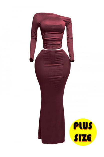 plus size off shoulder top and skirt set in burgundy color highlighting curves and style.