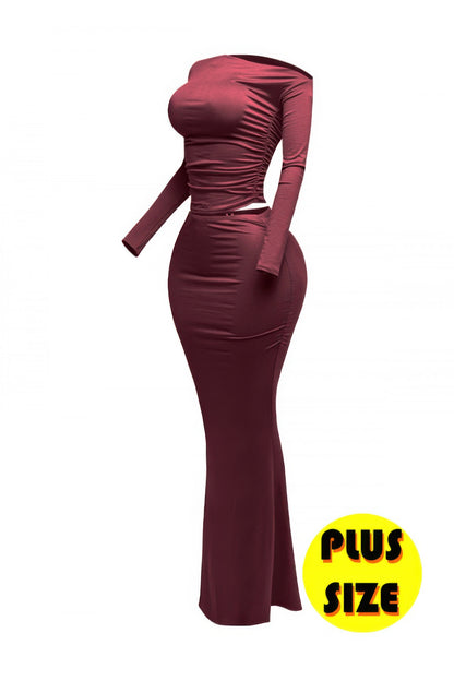 Plus size off shoulder top and skirt set in burgundy, featuring asymmetrical long sleeve and body-hugging design.
