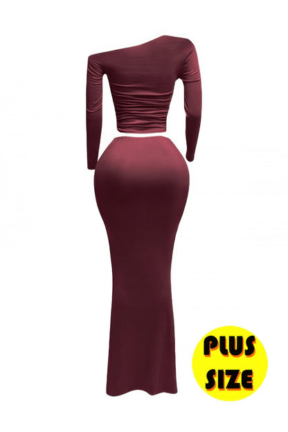 Plus size off shoulder top and skirt set in burgundy, featuring asymmetrical long sleeve and sleek skirt design.