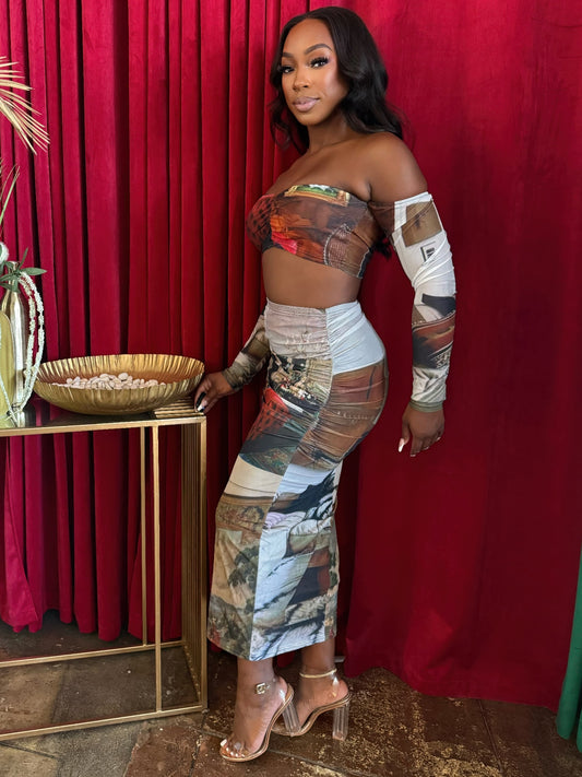 Gallery Montage Skirt Set featuring a ruched bandeau top and flowing mesh maxi skirt, a stunning two-piece skirt set.