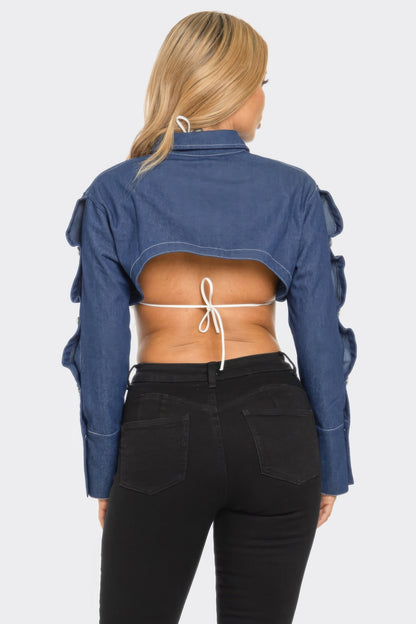 Back view of a woman wearing a Button Down Denim Bolero, showcasing the stylish denim bolero jacket.