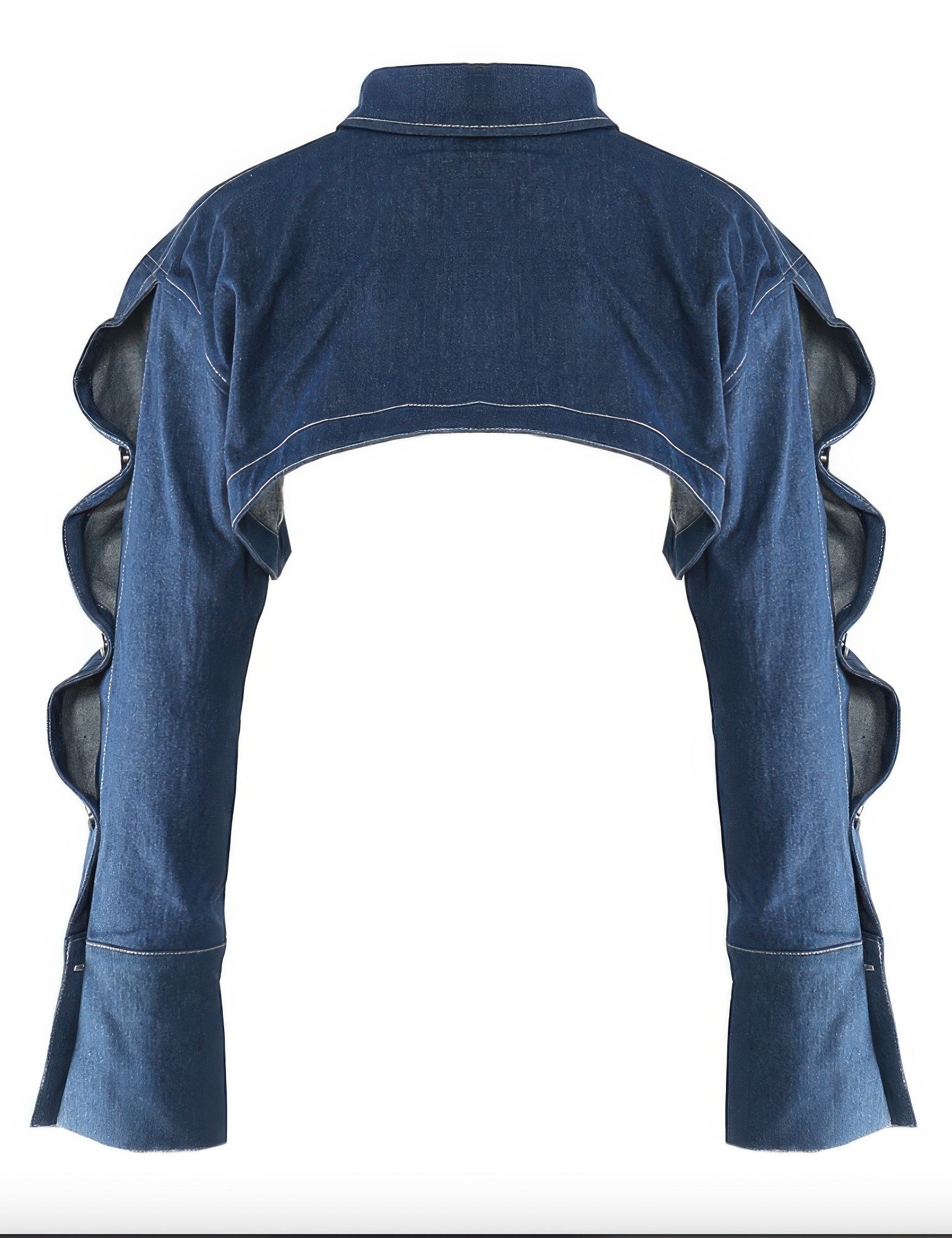 Alt Tag: Button Down Denim Bolero back view cropped long sleeve stretch denim jacket with collar, button cuffs, and ruffle sleeve detail