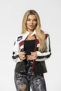 Alt Tag: Color Block Pu Leather Jacket on model, high neck snap collar, front zip, red white black color-block PU leather outerwear