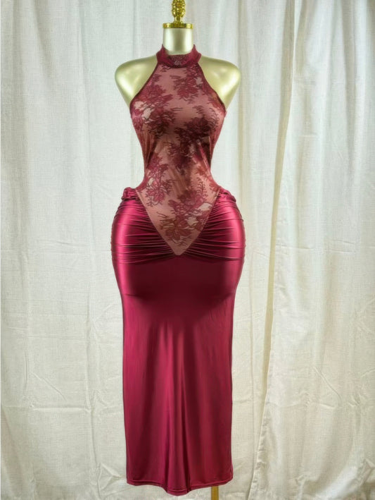 Crimson Lace Hourglass Dress displayed on a mannequin, featuring a halter neckline and ruched satin skirt.
