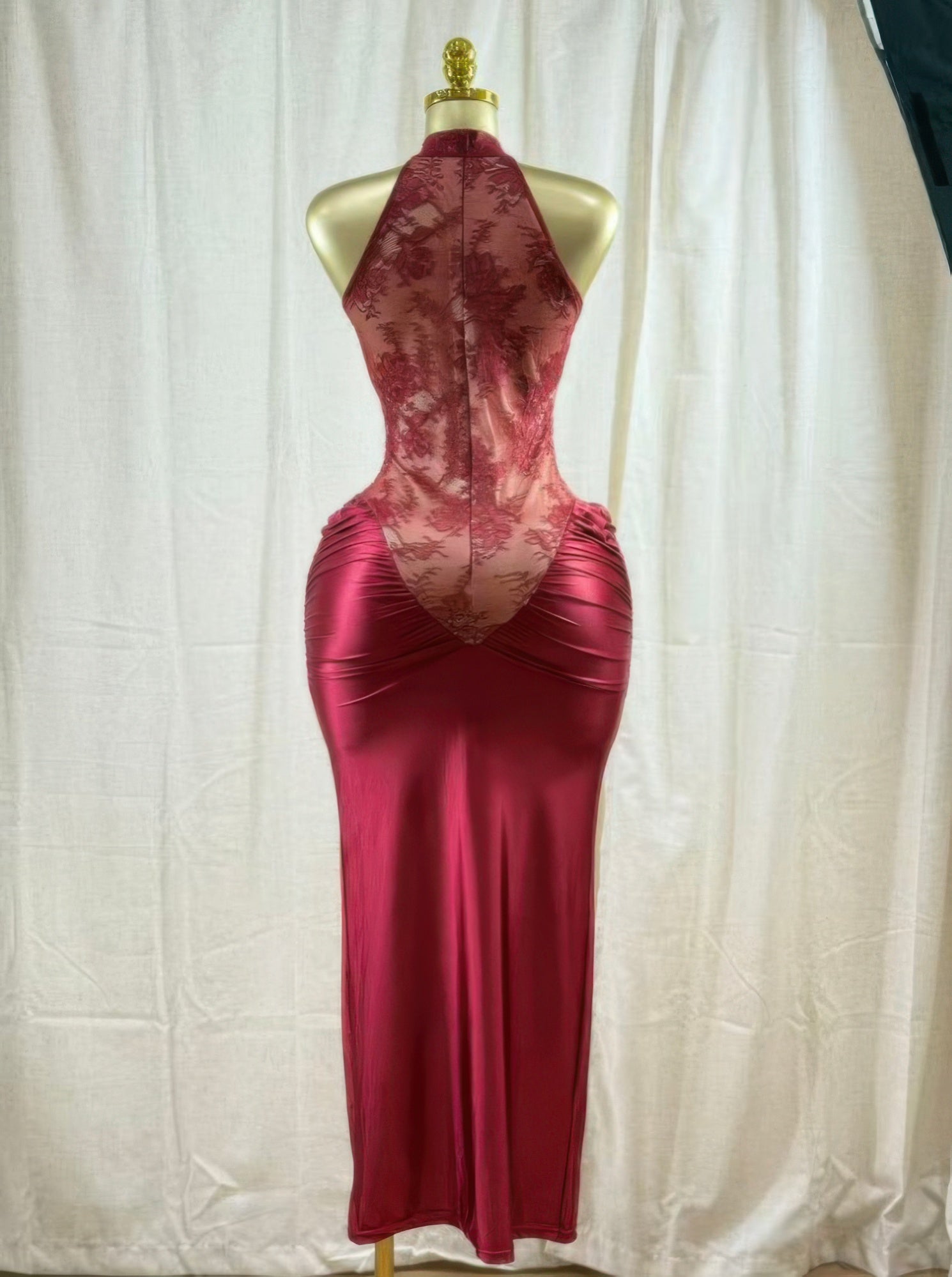 Crimson Lace Hourglass Dress with sheer lace back and ruched satin skirt on dress form.