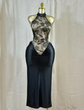 Crimson Lace Hourglass Dress featuring a halter neck and ruched satin skirt.