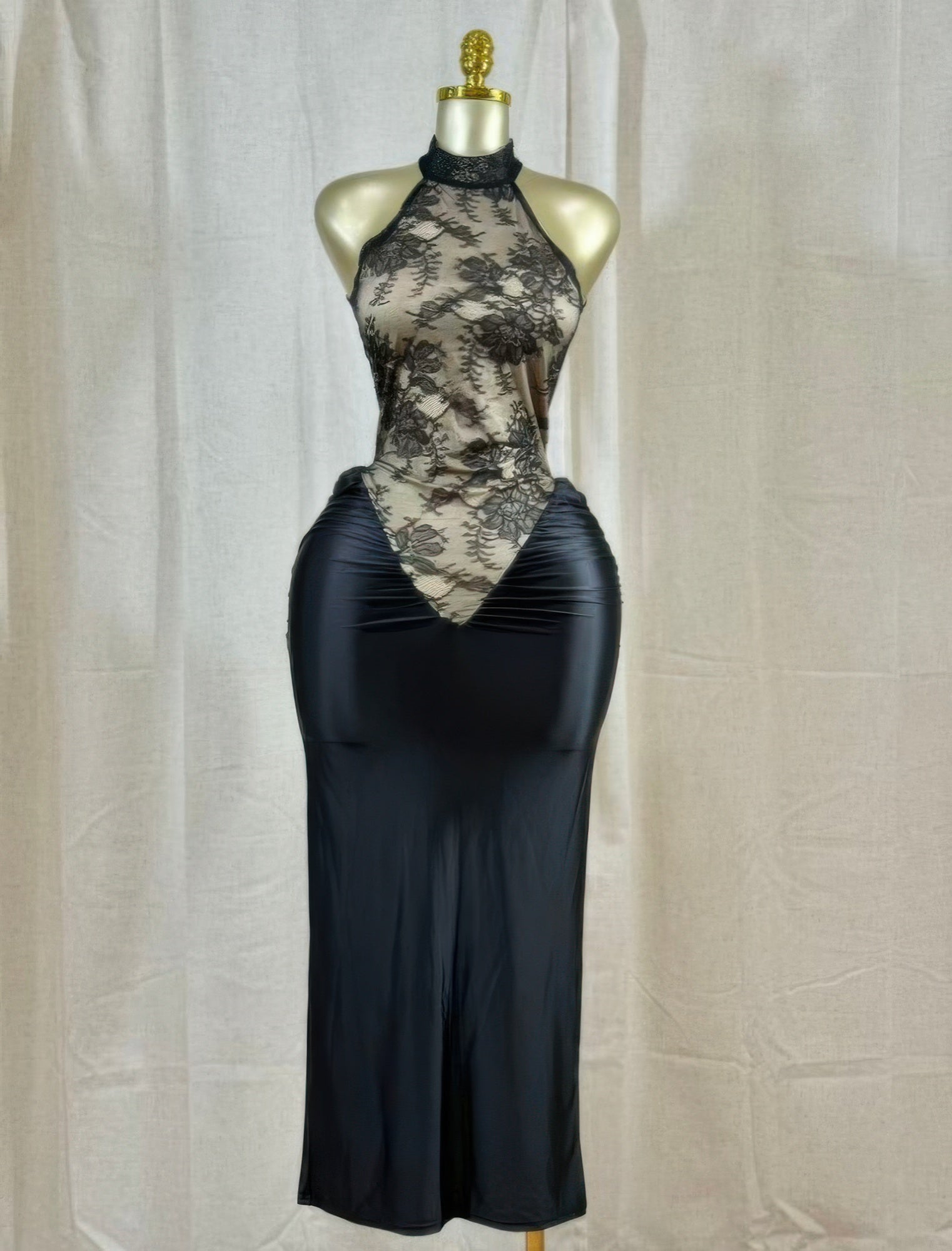 Crimson Lace Hourglass Dress featuring a halter neck and ruched satin skirt.