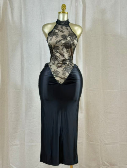 Crimson lace cutout midi dress featuring sheer floral lace bodice and halter neckline on a mannequin.
