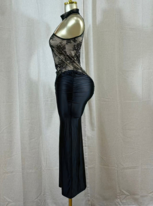 Crimson lace cutout midi dress showcasing a chic halter neckline and stunning side cutouts