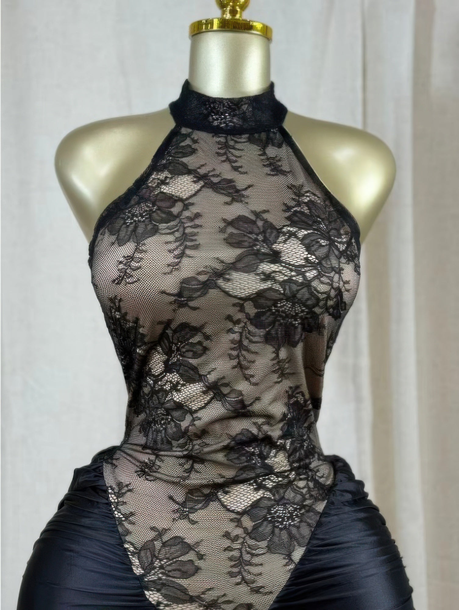 Crimson Lace Hourglass Dress featuring a sheer floral lace bodice and halter neckline on a mannequin.