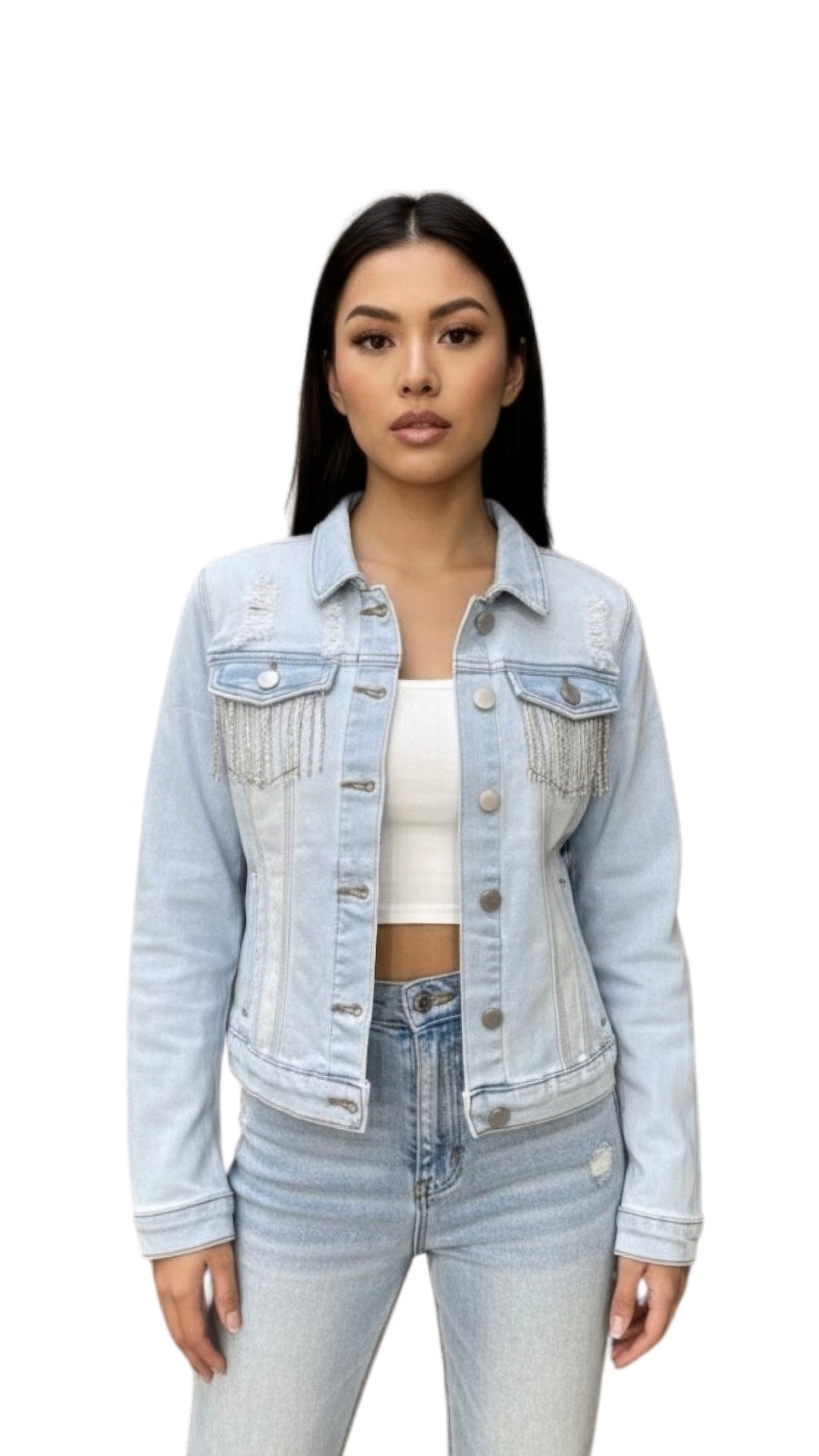 Distressed Jean Jacket With Rhinestones with rhinestone fringe pockets, light-wash denim, distressed finish, front view