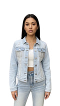 Distressed Jean Jacket With Rhinestones with rhinestone fringe pockets, light-wash denim, distressed finish, front view