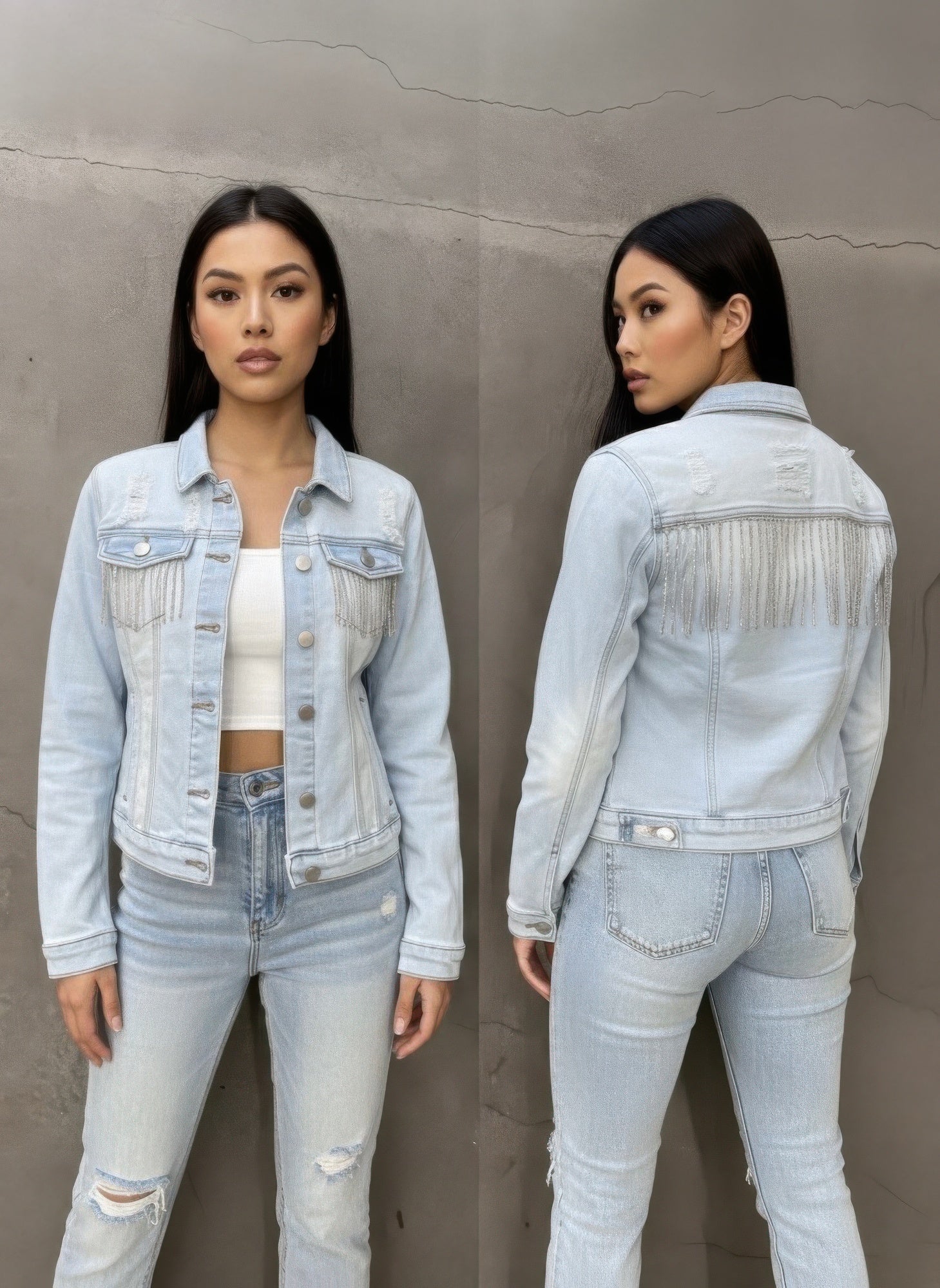 Alt Tag: Distressed Jean Jacket With Rhinestones in light-wash denim, front and back view with rhinestone fringe detailing on pockets and back